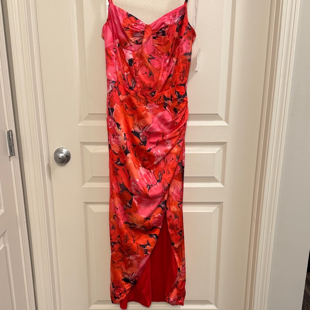 David's Bridal Pink and Red Floral Maxi Dress